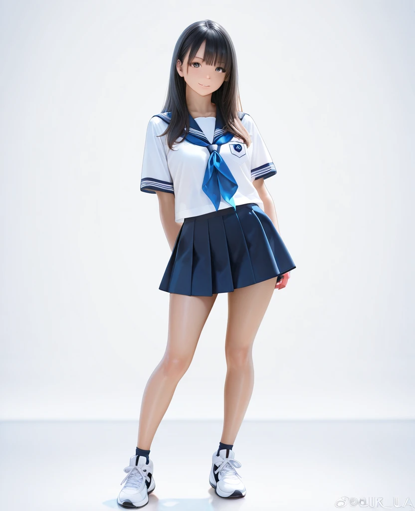 high quality, 4K, In frame, Close-up portrait of a dark-haired woman in a white shirt and light blue skirt, Photorealistic anime girl rendering, Cute 3D Anime Girl Rendering, April Rendering, Anime VTuber Full Body Model, Full body fairy, Live2D Virtual Youtuber Model, Smooth anime CG art, Realistic portrait full body realistic anime 3D style, photorealistic full body  