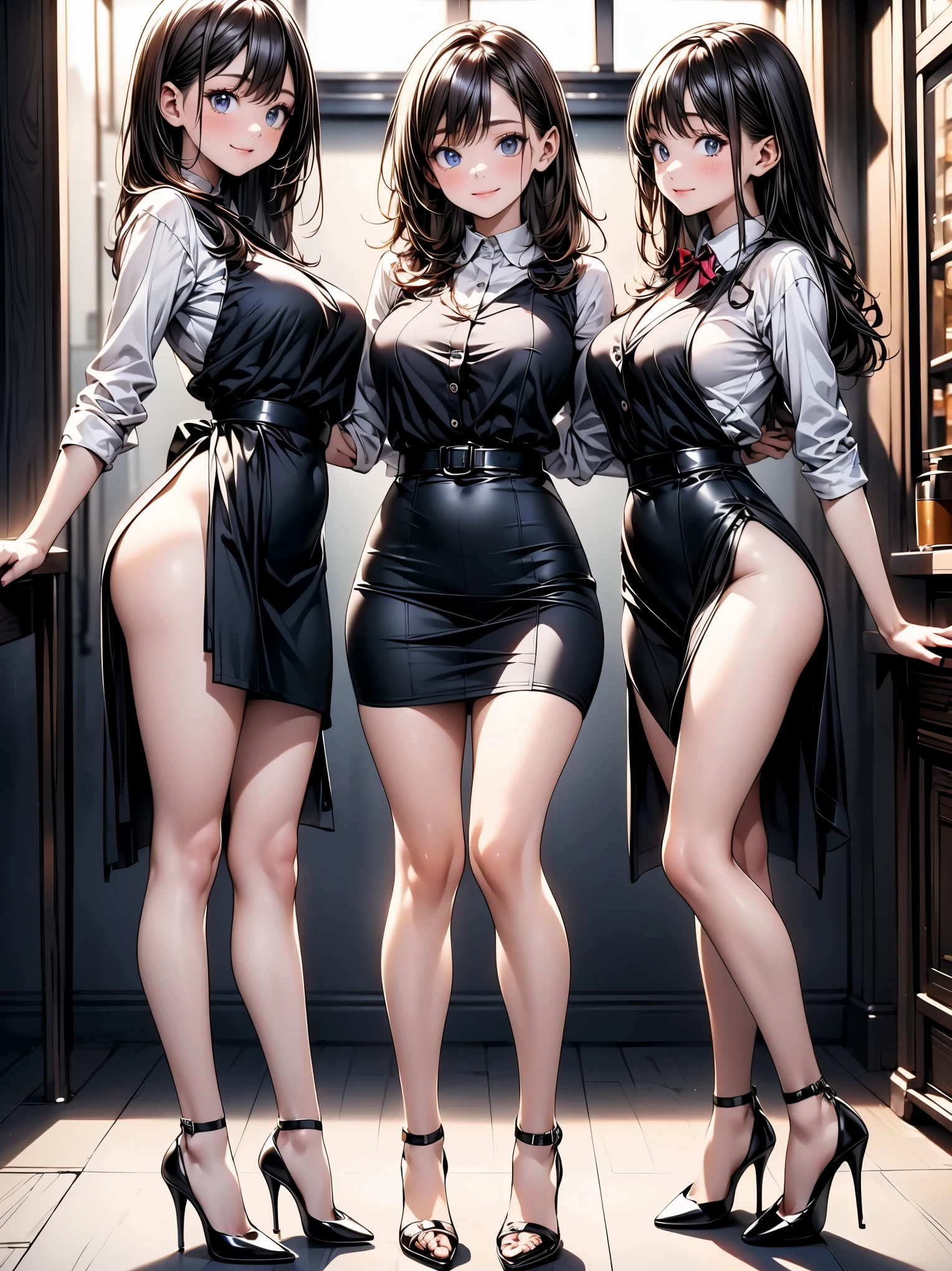 Mature beautiful woman,(Highest quality,Extremely detailed depiction,Incredibly absurd high resolution,Anatomically accurate depiction,Curvy Legs),(Glowing Skin,Shiny skin),(Office Lady,An excellent female secretary,Villainess),(business suit,Tight Skirt,Formal Shirt,High heels,Black Pantyhose,Luxurious accessories),eyelash,(Purple eyes,Detailed pupil,Half-closed eyes:1.3,There is cleavage in the chest,Wicked Smile,Glossy red lipstick,Seductive gestures),whole body,(background:In the office,)