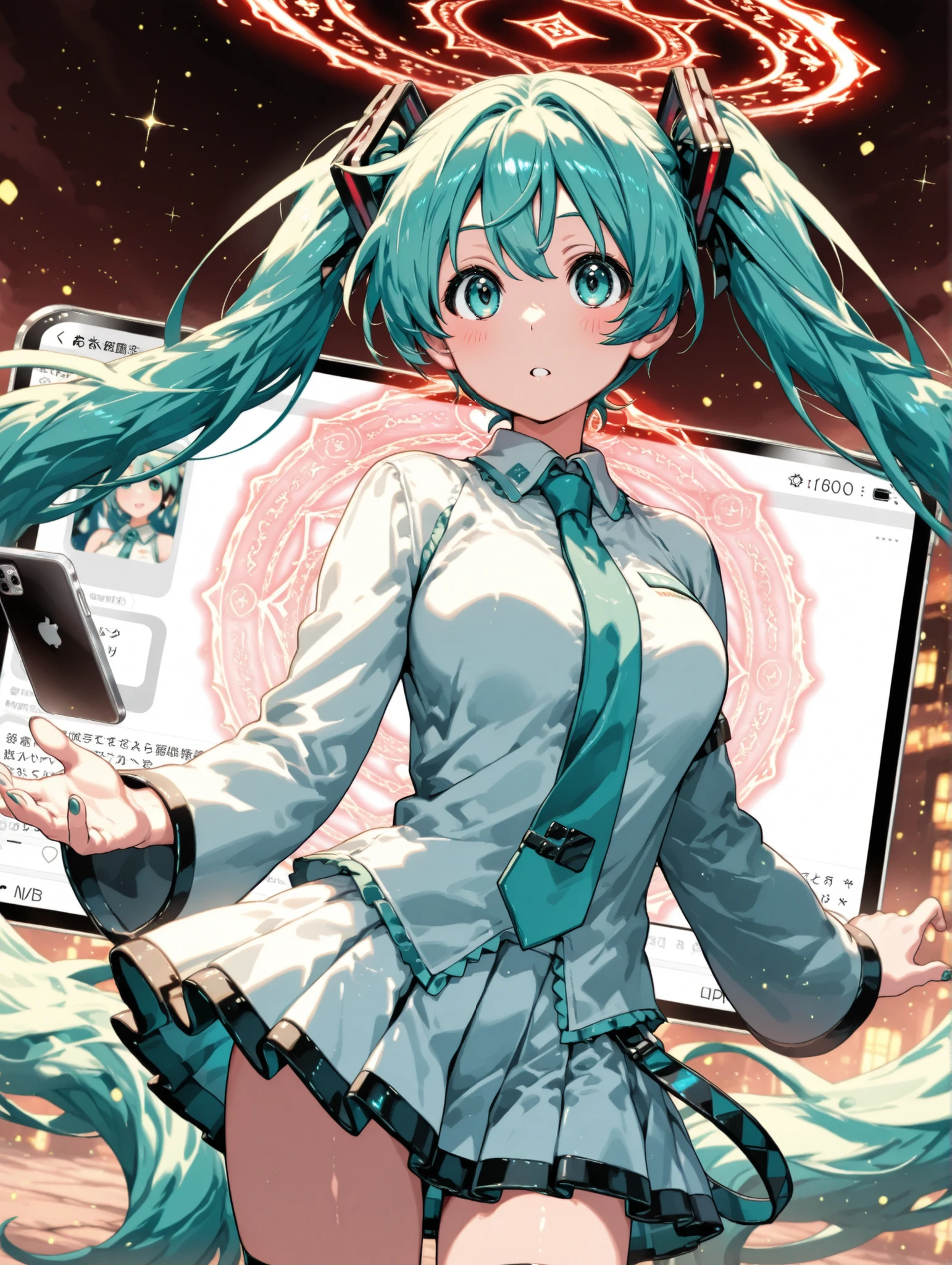 (masterpiece、Highest Quality、Highest Quality、Official Art、beautiful and beautiful:1.2)、(1 girl on break day:1.3)Hatsune Miku、beautiful breasts、light green twin tail、A girl emerges three-dimensionally through the iPhone screen interface, one girl, white pin-tuck blouse with school emblem patch ,white skirt, Mini Skirt ,Summoning Magic Circle on the iPhone screen、A girl pops out of the iPhone screen