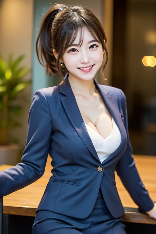 masterpiece、超High resolution、She is very cute and young like an idol..々A cute 18-year-old businesswoman、Gentle and cute、A kind smile、A business jacket that shows off cleavage、Medium Bust、Business Mini Skirt、Working in a building office whole body、RAW Photos、Genuine、High resolution、live-action