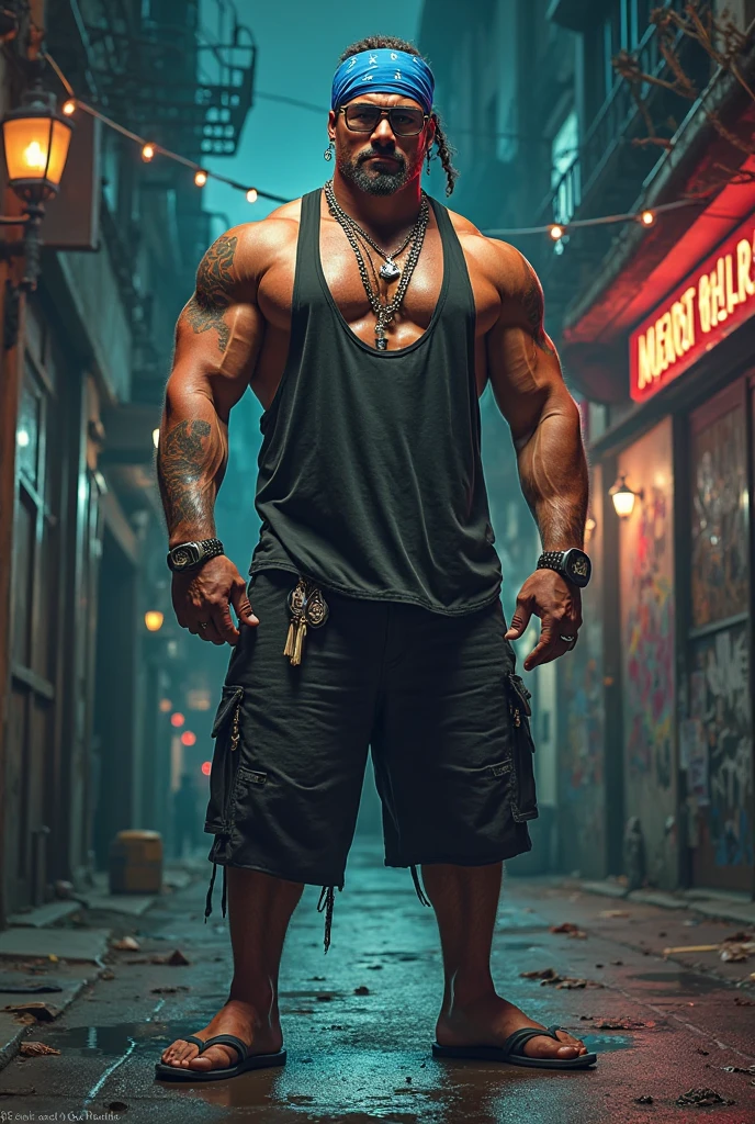 Dwayne Johnson,muscular, beard, Streetwear,cargo pants, necklace,taiwan, street, (masterpiece, best quality, highres, ultra detailed ), night , depth of field, glasses, close up shot