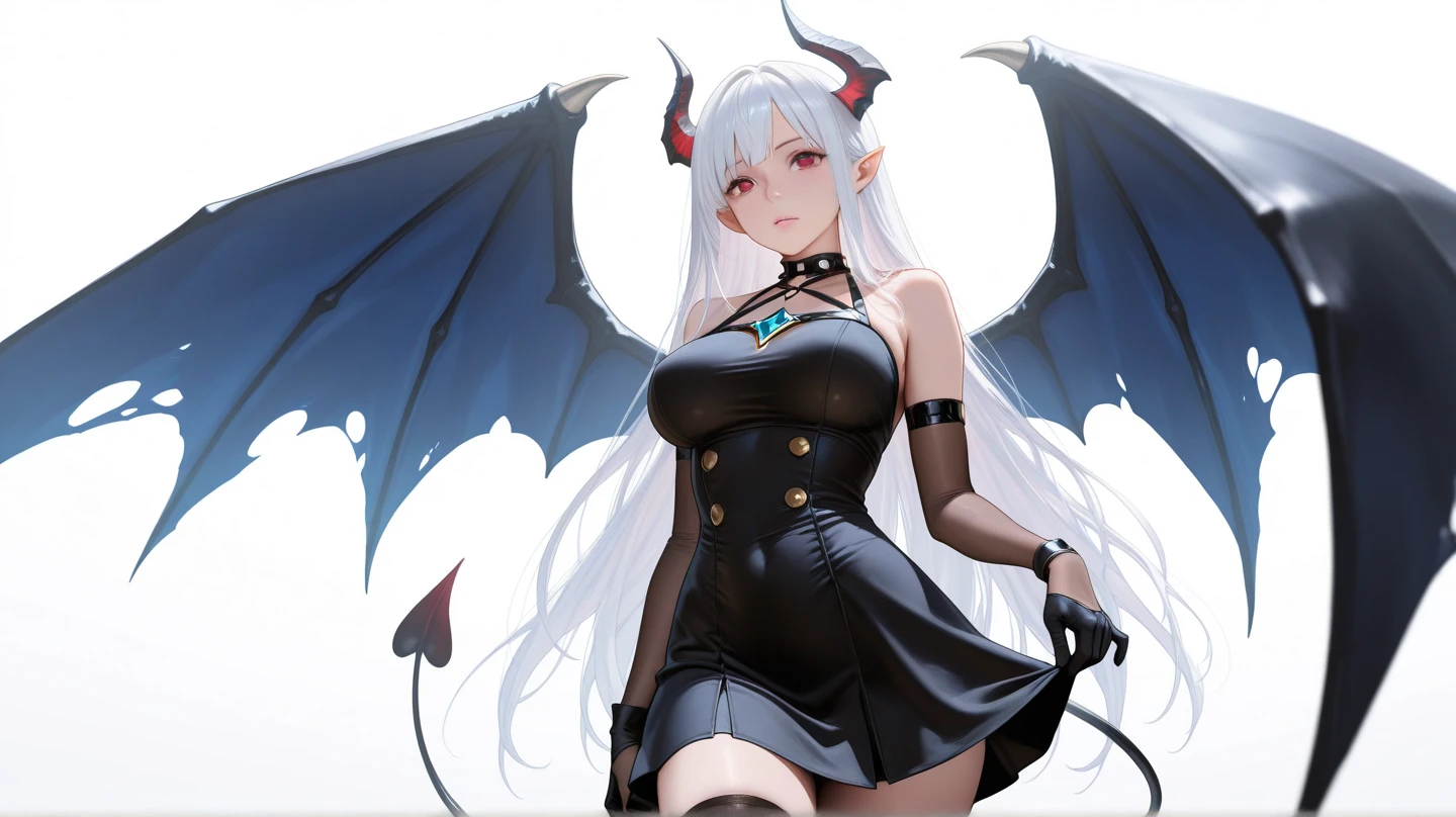 masterpiece, best quality, detailed, 1girl, elf, white pale skin, white hair, (angry facial expression), (black gothic dress), horns, full body, standing position, (a look at the viewer), (large demonic wings), (staff in hand), (a formidable intimidating appearance), deadly, frightening view