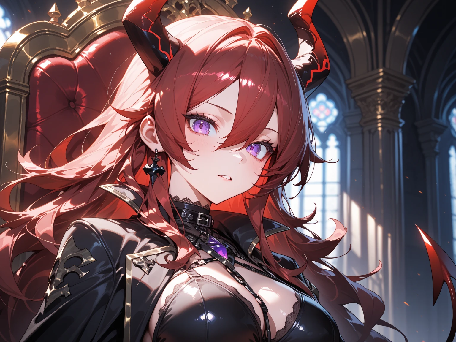 Very detailed, Seductive erotic woman with horns and scarred face, (Big Breasts, Redhead), Focus on the face, Focus on the face, Complex eyes,
