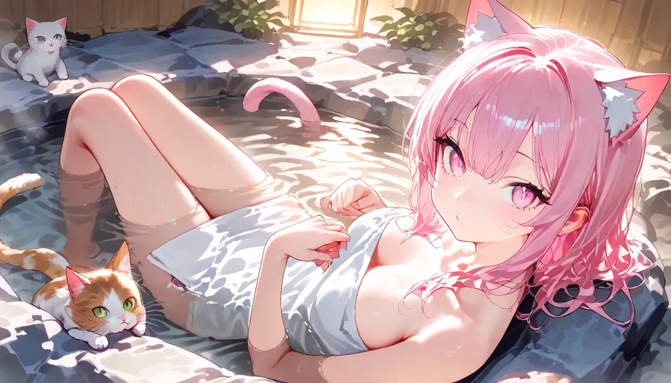 masterpiece、Two girls who personify baby cats、Infant body type、Chibi、cat ears and tail、snowscape、full nude、spread legs ,relaxed expression、hot onsen、Take an open-air bath、Chibi