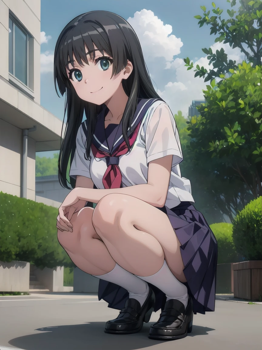 Very cute and beautiful girl,(very detailed beautiful face and eyes:1.2),
Smile,Black hair,Sailor School Uniform,(Navy blue pleated mini skirt),
(From below:1.2),(Squatting),White panties,Beautiful legs,(Cowboy Shot),
Flower Garden,grass field,shrubbery,
(Best Quality,masutepiece:1.2),Intricate details,hight resolution,1 girl,Solo,Cinematic lighting,