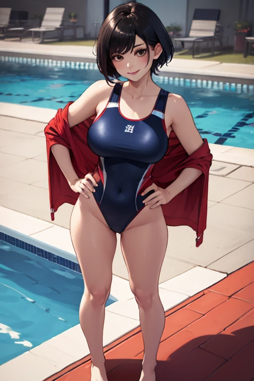 Emphasis on the crotch。Disdainful eyes and angry expressions (Glamorous photo of a dedicated female swimmer,Wearing a red competition swimsuit,Squat with your legs apart), (Strong expression and commitment to excellence:1.2), Inspired by fierce competition,(((milf)))