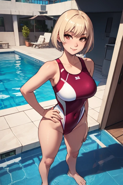 The woman, short hair, short hair, by white, white hair, fringe, (((pale, pale skin))), blue eyes, Blue eyes, parts, parts en la cara, Freckles, Bikini, red Bikini, micro Bikini, Costa Rica, bungalow, pool, Pool,
