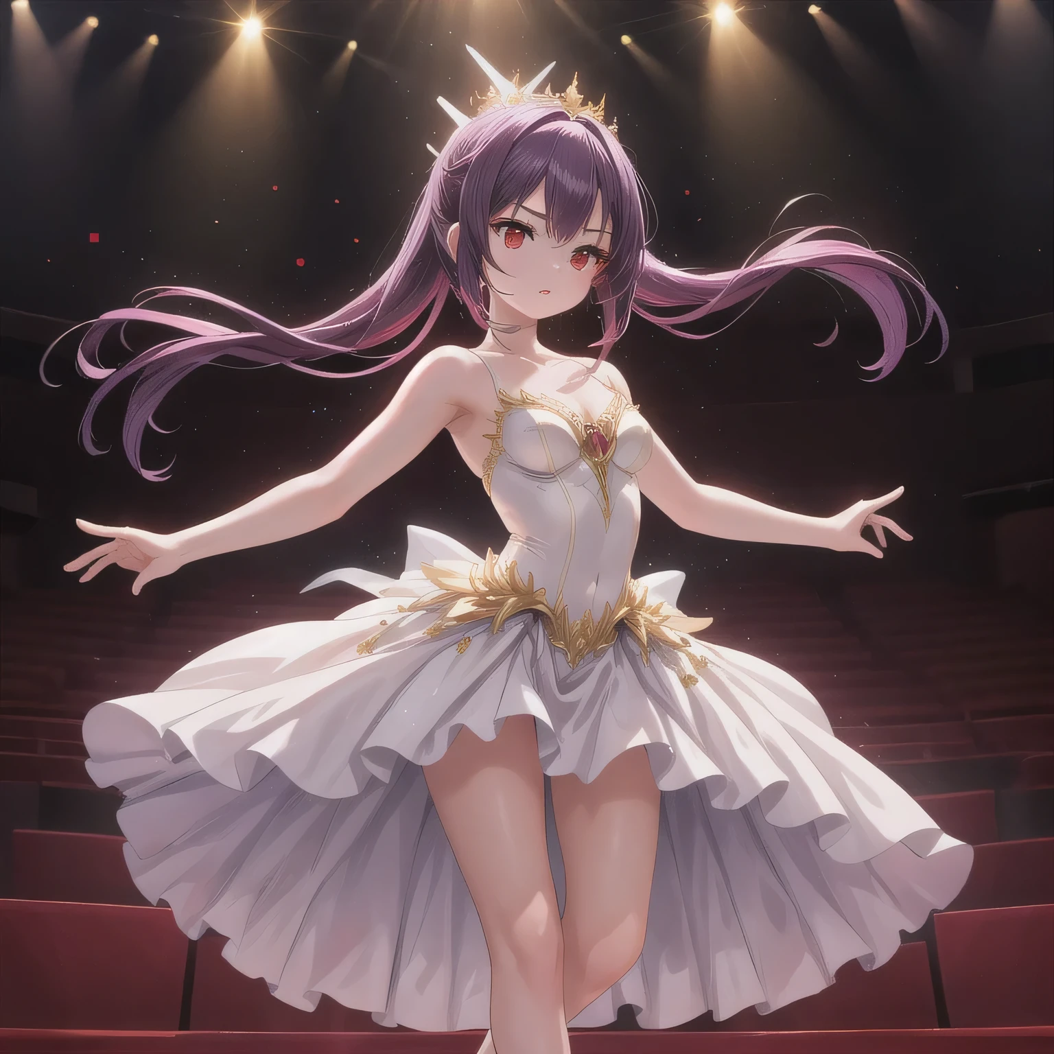 Depict a 20-year-old, exquisitely beautiful ballerina performing on a grand theater stage. She wears a delicate and intricately designed tutu, its soft fabric flowing with every movement. Her posture is impeccable, one leg extended in a perfect arabesque, arms poised elegantly. The warm stage lighting casts a golden glow, illuminating her delicate features and emphasizing the sheer grace of her dance. purple Hair, Long Hair, (red Eyes:1.5).