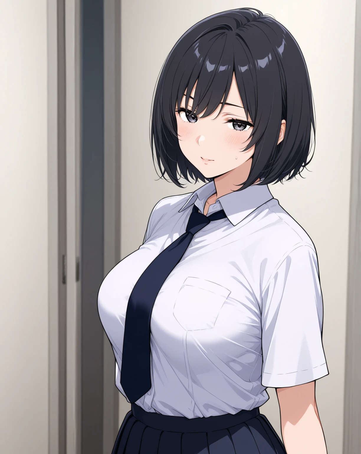 image of a in a classroom, she has a very short skirt, her eyes are black and her hair is brown and very short, she is looking shyly while her black eyes are blushing(black eyes) (short brown hair) black eyes short brown hair she is in a classroom blushing big thighs big breasts black eyes