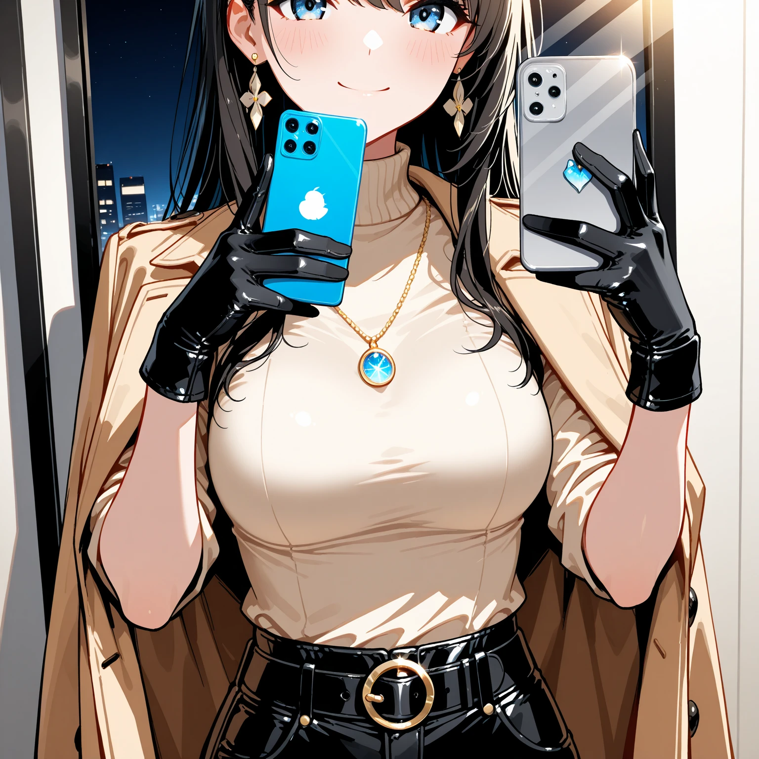 hchool girl、selfie photo、Take a selfie in the mirror、Black mask、Black Blazer Uniform、barechested、no-bra、shiny areola、tiny chest、Shiny skin、Lifting the hem of the skirt、spats、see-through langerie、cameltoe、masterpiece、highcontrast、cinematlic lighting、Detailed shading、top-quality、Top image quality