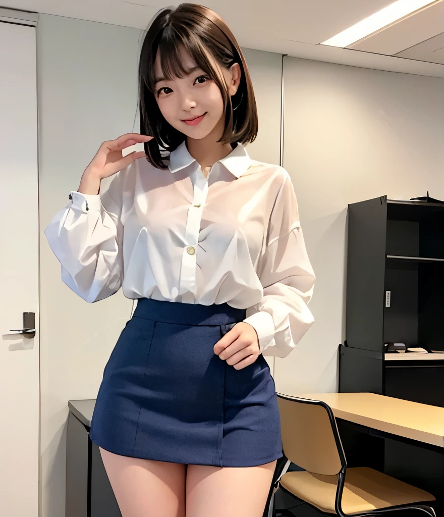 (cute Japanese woman), At work, 18 year old girl, (full body), (The cutest face)、 Mini Skirt, (((thighs))), (white blouse、Transparency、The skin color is visible:1.2), born々A vivid depiction, I look up at her from behind,, she's standing with her back to me, smile, (full body写真)、(perfect anatomy、 charming、Lewd)