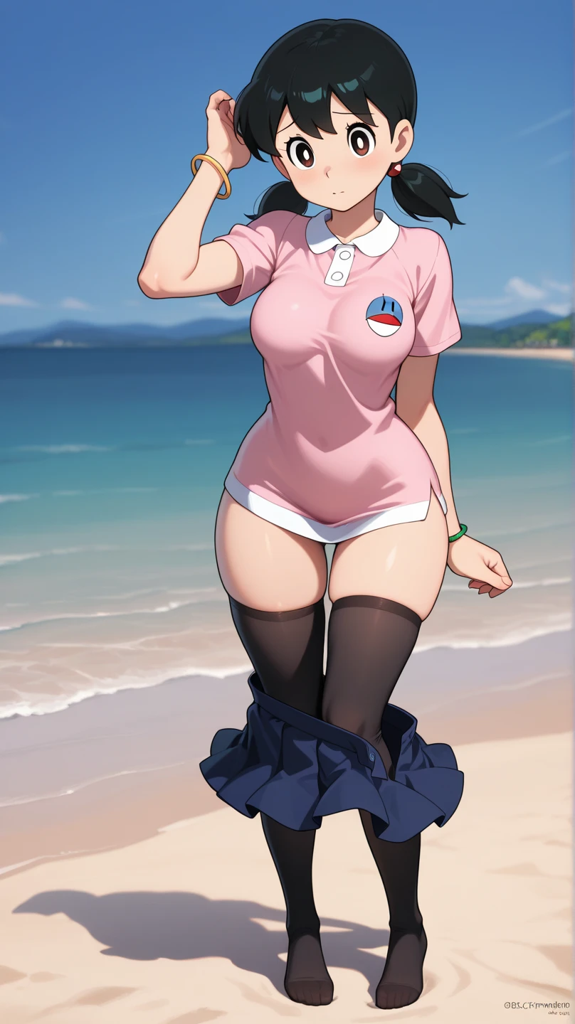 (masterpiece, best quality, highres, ultra detailed), 1girl,solo,medium dark blue hair, aqua eyes, swimsuit, bucket hat, beach background, rash guard, long raglan sleeves, black utility belt, belt pouch, duffel bag, (full body),(pregnant),big stomach,(one hand on stomach),stomach bulge