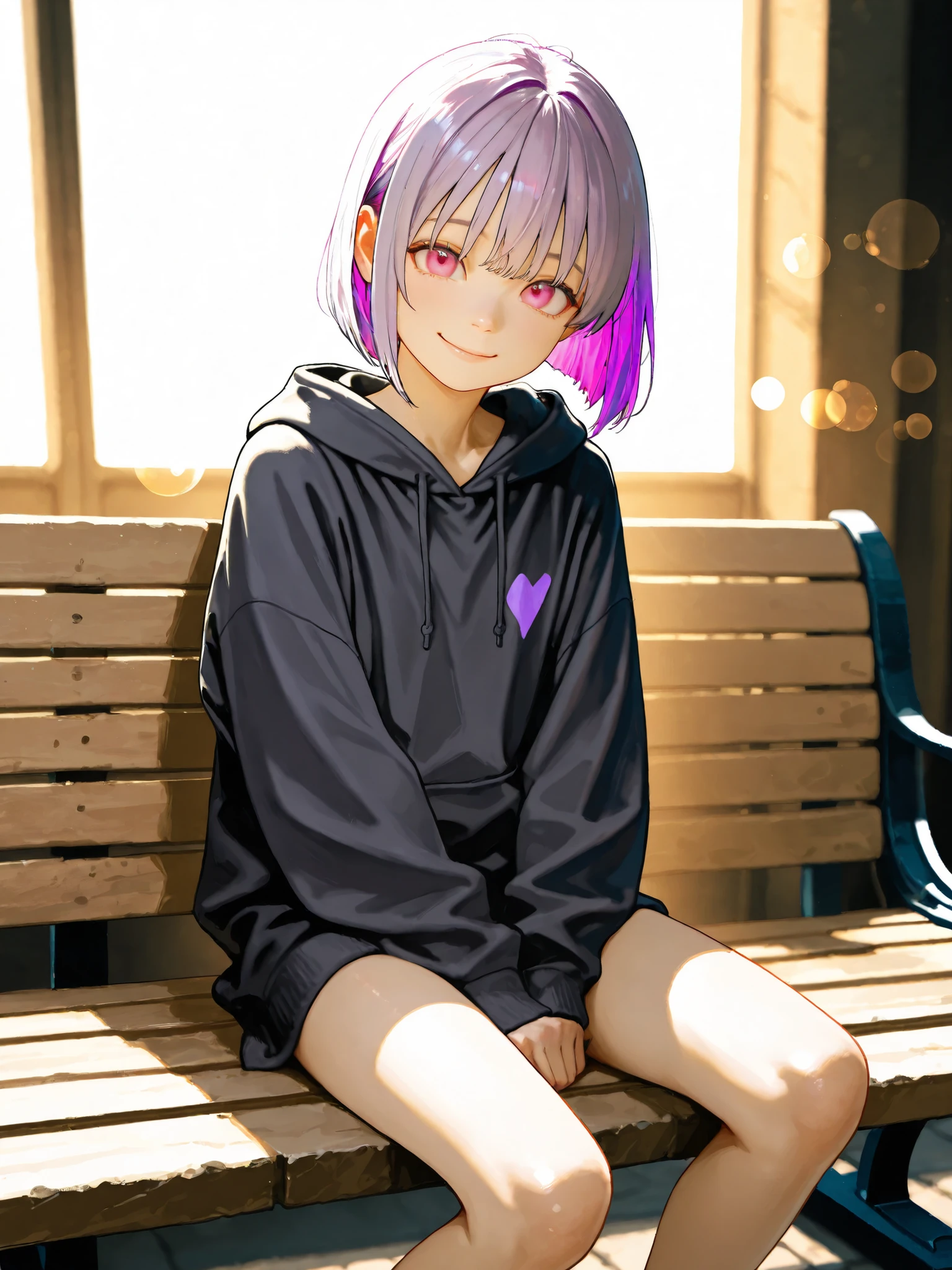 short girl, 1 girl,is young, flat chested,realisticな外観, big pink eyes, short bob、Two-tone purple hair and gray hair、black plain hoodie、bench right at night、smile、full body、naked、細部にこだわったrealisticな影、movie stills, real、Highest Quality, realistic, 4K Rendering, ultra-fine texture, Professional , bright color, Bokeh