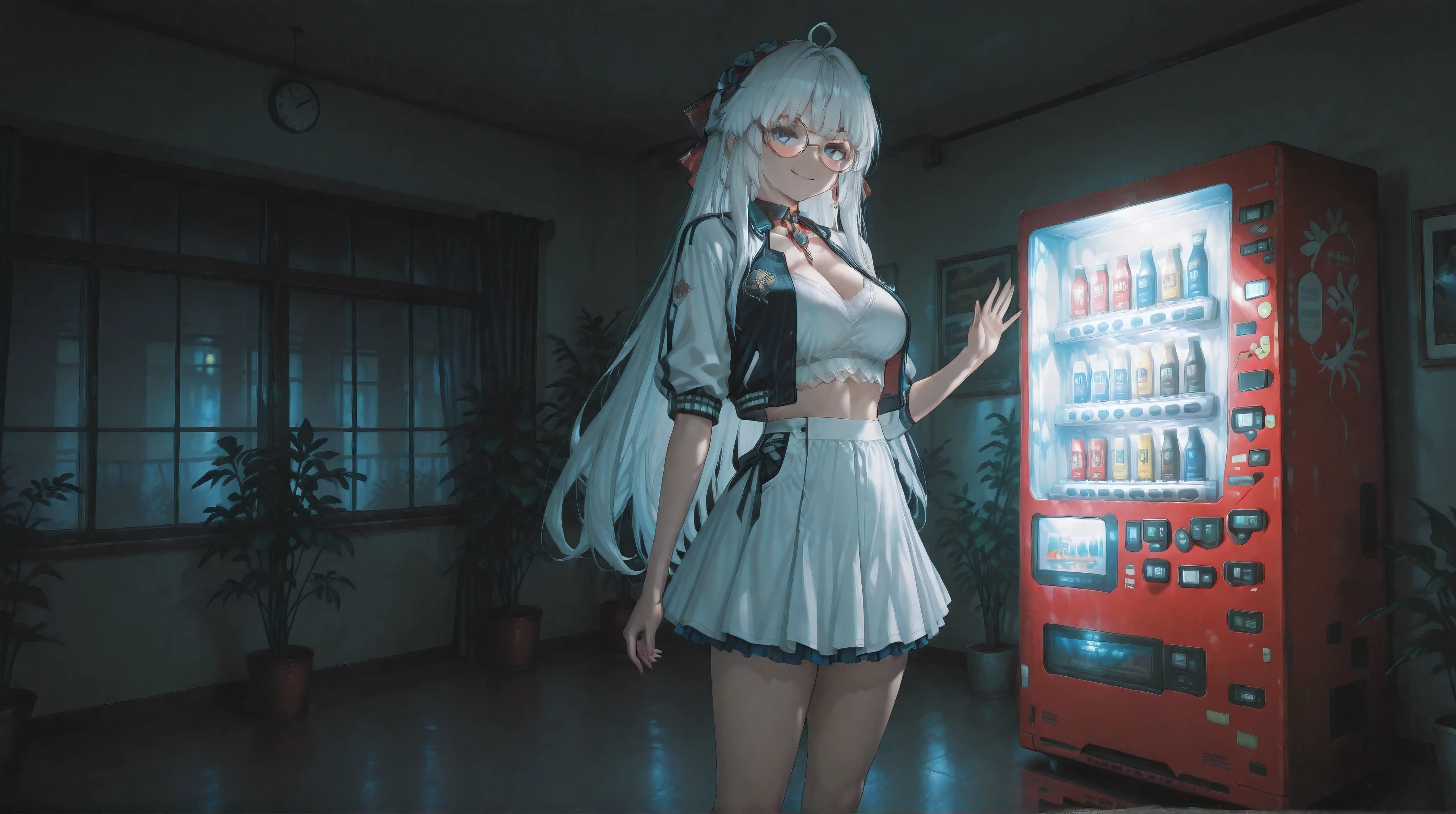 (NSFW:1.1), A Realistic image, extremely sharp focus, crisp details, high resolution, 4K, 8K, low light, ray tracing, cinematic, fashion photography. (correct anatomy, detailed hands, perfect hands, five fingers). A wide angle shot, side view, a detailed, high quality rendering of Carlotta (carlottavp2) from Wuthering Waves. She wears beautiful, detailed round eyeglasses, she wears a white crop top, varsity jacket and miniskirt. She has a beautiful large breasts. She has a beautiful face details, a beautiful detailed blue eyes, white long hair and a real human skin, her expression is happy and she looks at the viewer. At Store, She's standing in front of vending machine. The room is decorated with so many plants, the room was dimly lit, dramatic cool soft light shines from the vending machine casting soft natural shadows, the only light comes from the vending machine, cold color pallete. the background has highest detail, detailed background and depth of field.