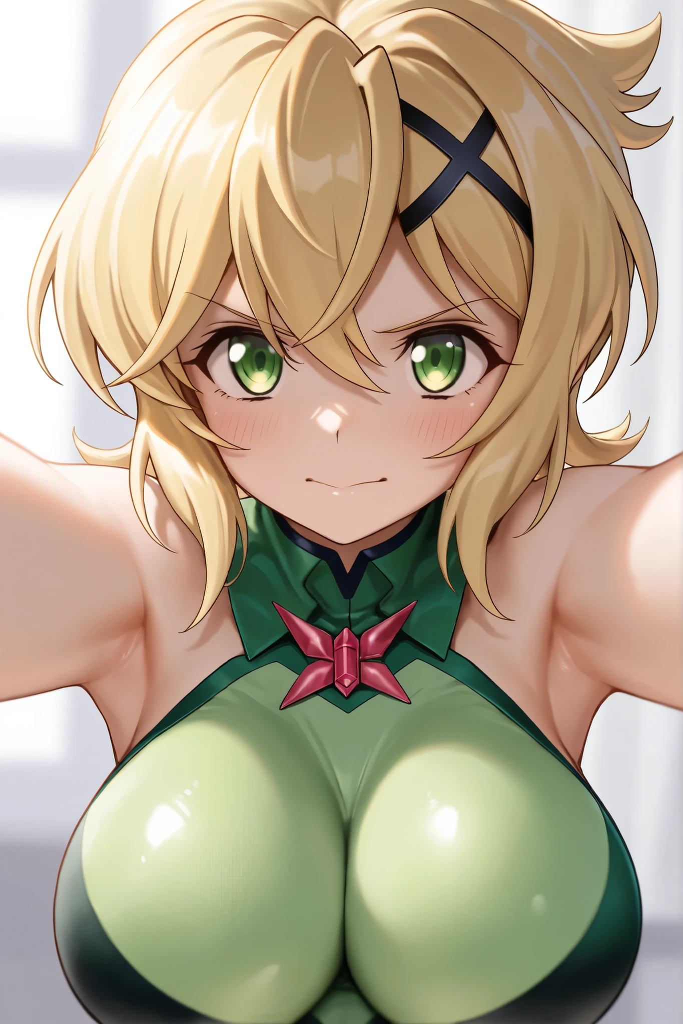 masterpiece, absurdres, hdr, soft light, best quality, detailed, highres, arms up, arms behind head, armpits, 1girl, blonde hair, hair ornament, bare shoulders, closed mouth, green eyes, smile, ponytail, hairclip, hair over one eye, purple outfit, midriff, large breasts, (((looking at viewer)))