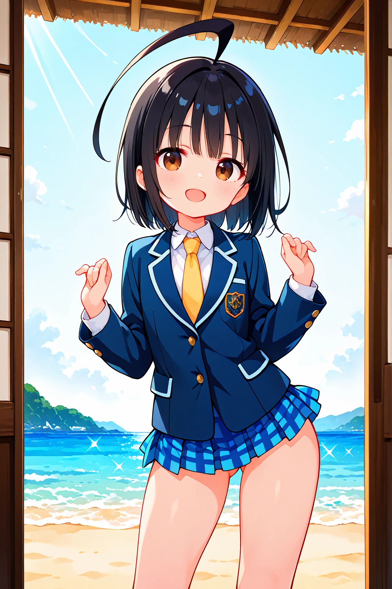 nsfw,((anime style)),score_9, score_8_up, score_7_up,masterpiece, best quality,ultra detail,(((beach))),huge ahoge, negishi masako , 1girl , ((solo)),short hair,black hair ,long bangs,brown eyes,(Flat Chest),school uniform,(((blue blazer))),light blue checkered Pleated mini skirt,((((((mini skirt)))))), Yellow necktie,standing,(((black sox))),((brown loafers)),((ass visible through thighs)),((A glimpse of her thin thighs)) ,(((contrapposto))),(((elegant))),((open mouth smile)),((cute face))