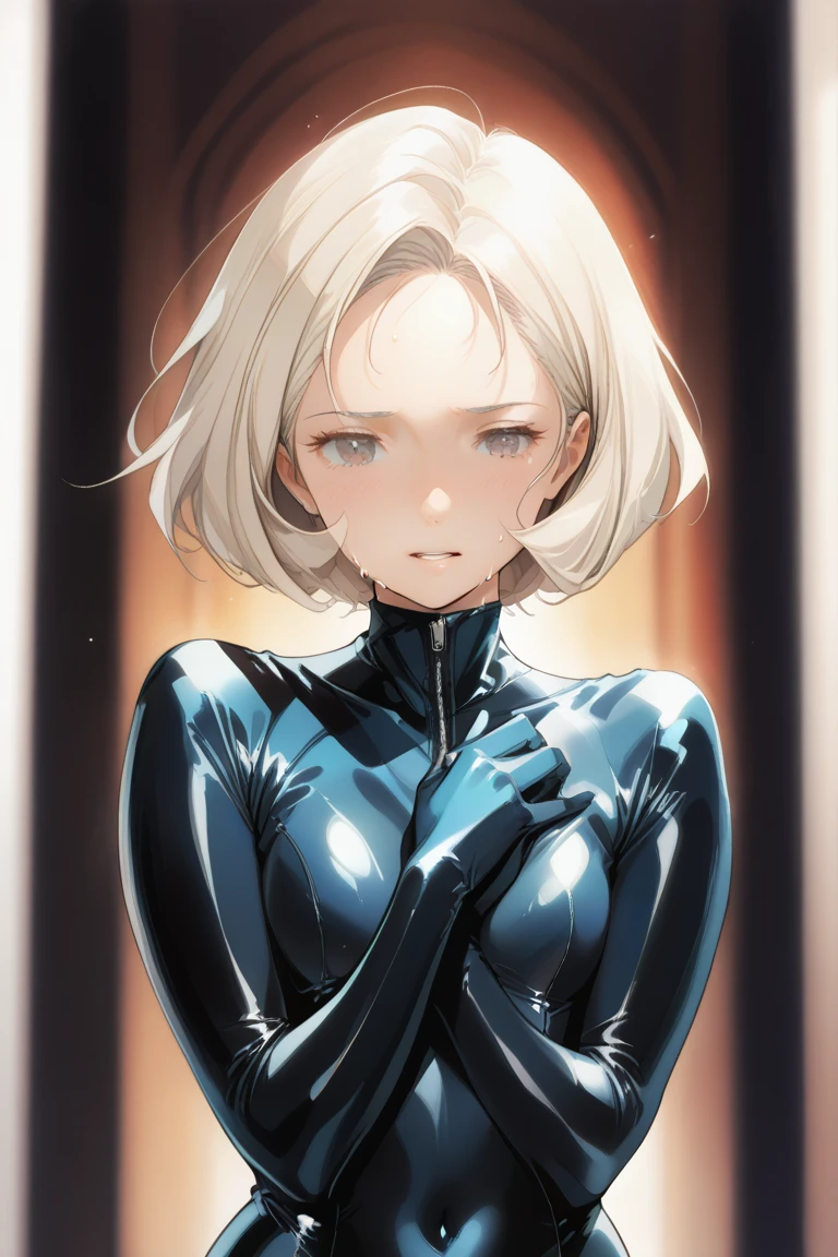 dynamic series of drawings showing a silver haired and blue eyed warrior girl., 8k, ultra high res, ultra detailed, hd,(well designed face), amazing face, (super detailed), beautiful eyes, soft lighting,, outdoors, streets,, URUSHISATO,1980s,, beautiful detailed eyes,mechanical parts, asymmetrical hair,thigh highs, latex suit,cleavage,