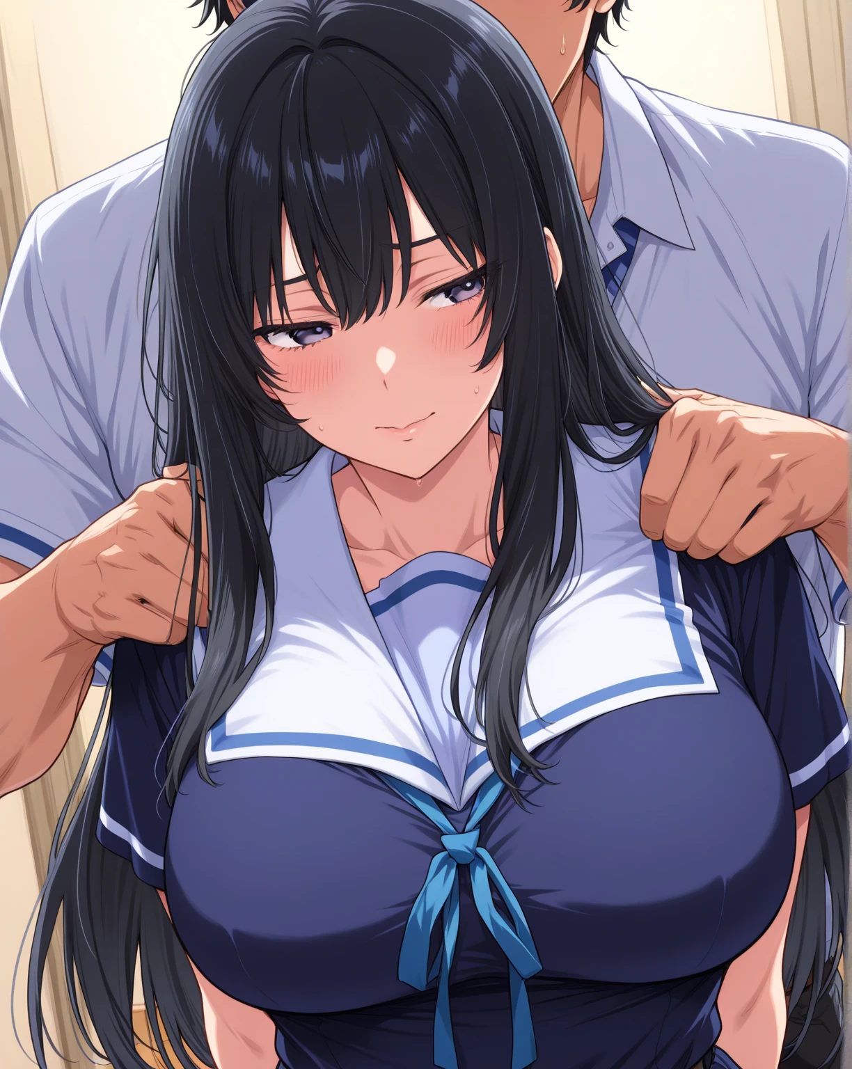 SFW, Realistic,Best image quality, Tabletop, Street Corner,Alley,Very fine, Extremely hot standing (Woman 1) Use something sexy ((naked)), (Highlighted Hair, long dark dark blue hair,Beautiful detail body, Sparkling black eyes,)、(Black eyes)、(((naked)),(Big Breasts)、 (Big Ass), (Thick thighs), (Fearful expression), Blushed, old small man ass groping Woman 1 from behind,(((old small man pressing his chest on Woman 1 back))) and (((Hold her back by her waist)))naked,naked,Sex