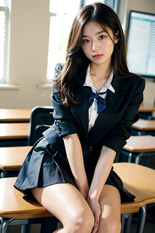 beautiful and detailed girl, very detailed eyes and face, beautiful detailed eyes, huge file size, very detailed, high resolution, very detailed, best quality, masterpiece, (((School Classroom)), (((simple blazer))), (((pleated skirt))), (((The pattern of the skirt and tie is a check pattern.:1.3))), very detailed, CG, 8K wallpapers, amazing, fine details, masterpiece, ((best quality)), very detailed CG uniform 8K wallpapers, my face shines, cinematic lighting, 1 woman, 16 years old, (((dynamic pose))), (camel toe), (half), ((pantyhose)), ((Sit with your knees bent and your legs crossed.)), ((whole body))
