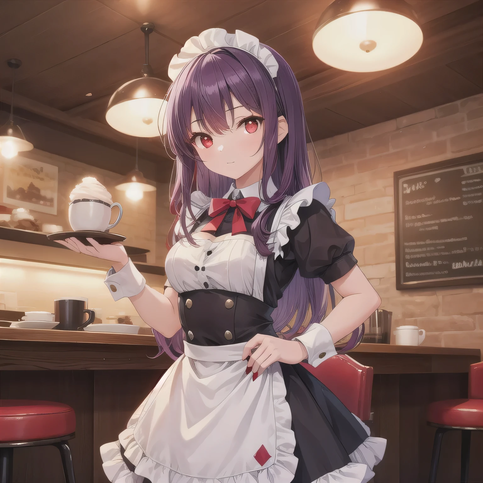 A girl is working as a waitress in a cozy cafe. She's wearing a classic maid outfit. The air feels warm and calm, and it's like you can almost smell the coffee through the picture. purple Hair, Long Hair, (red Eyes:1.5).