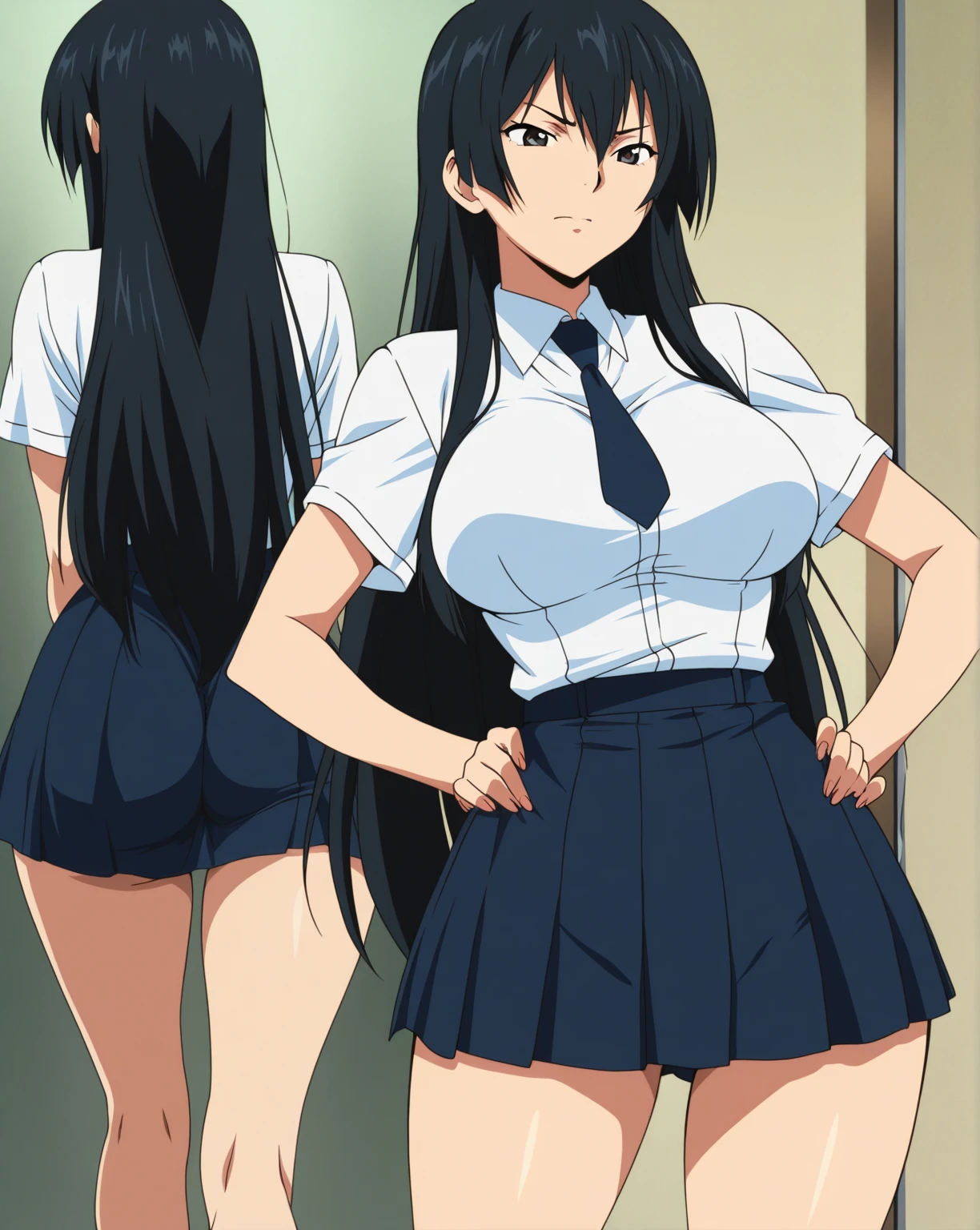 In a building in front of the station, a beautiful woman with long black hair, big breasts, and beautiful legs is standing in a sailor uniform with a white miniskirt and light blue and striped panties, showing off her crotch area, glaring at a middle-aged office worker.。