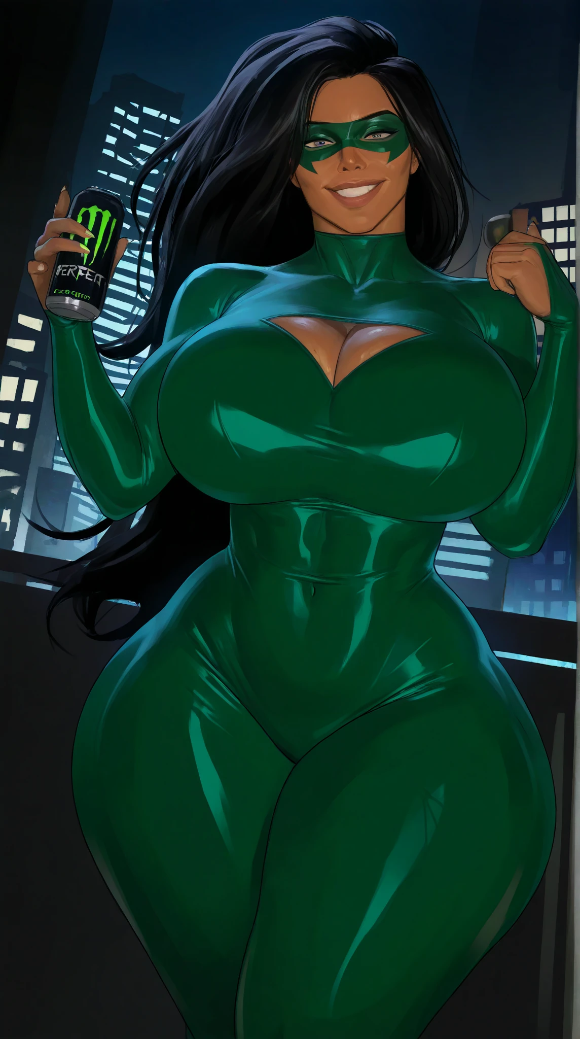 (masterpiece, top quality, best quality, official art, beautiful and aesthetic:1.2), (1girl:1.3), black hair in deadlocks, extremely detailed, portrait, looking at viewer, solo, (full body:0.6), detailed background, close up, gold eyes, (cool space ship theme:1.1), (((green skin, scales, scaly skin, clawed fingers))), green alien shapeshifter woman, charlatan, sinister smirk, mysterious, shapeshifting in a spaceship, revealing jumpsuit, black leather, long boots, buckles, straps, pouches, collar, sleeveless, black latex, ((((gigantic breasts, cleavage, skindentation)))), slim waist, slim hips, long legs, futuristic (starship interior:1.1) background, dark mysterious lighting, shadows, magical atmosphere, dutch angle