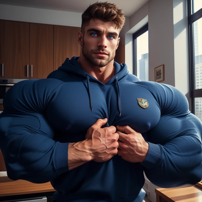 a very handsome, extremely beautiful, young man wearing glasses, massively muscular, with massively large muscles, with massively large biceps, with massively large arms, wearing a simple blue sweatshirt with long sleeves, in a cramped apartment
