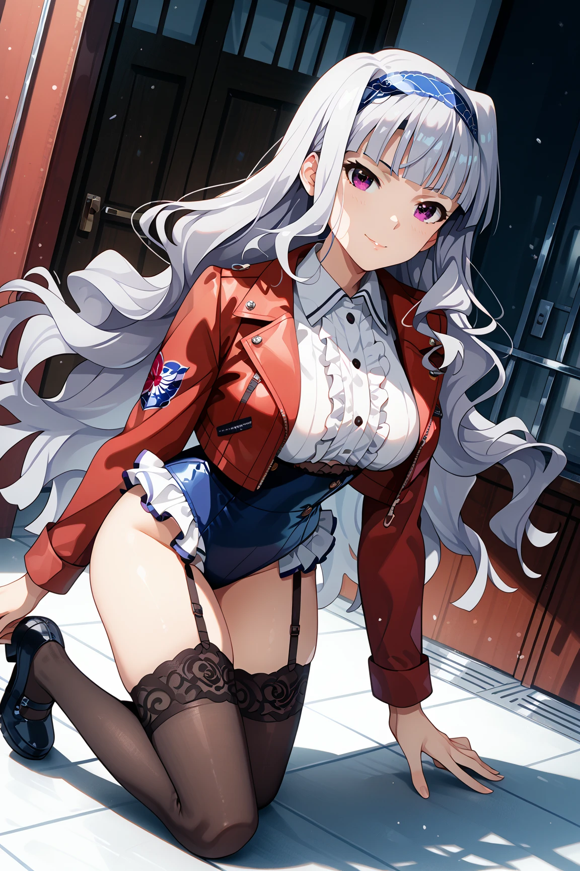ultra-detailed, Explicit, Beautiful body, Beautiful Nose, Beautiful character design, perfect eyes, perfect face, ultra highres, 4K, beautiful legs, perfect legs, perfect anatomy, Nice hands, Perfect hand, Masterpiece, Best Quality, Highly detailed, illustration, absurdres, street fighter, doll suit, shadaloo doll, dollsuit, girls, multiple girls, expressionless, blank eyes, looking at viewer, red gloves, emotionless, black latex, corrution, mind control, female combatant, full body, hypnotized, unhappy trance, full body suit, ribbed bodysuit, both arms at side, obey, perfect female body, extremely glossy latex, hypnosis, hypnoLora, empty eyes, Mind control device, poses, submissive_pose, Slave, hat, necktie, stand up straight, standing, standing at attention, hat, necktie, belt, latex, ribbed bodysuit, thighhighs, garter belt, Fighting Stance, military, thigh boots, Sakayanagi Arisu, Classroom of the Elite, cane, white hair, blue eyes, medium hair, braids