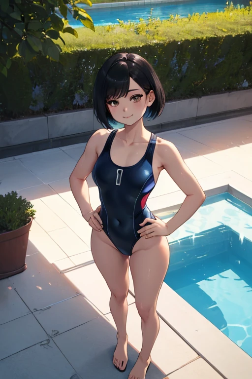 (masterpiece, highest quality), One Girl,  Satou, Satou, Glasses, Glasses with red frames, School Swimsuit:1.5, Satou, Glasses, Glasses with red frames, Swimsuit,Summer sea,Beach:1.4, head to waste,