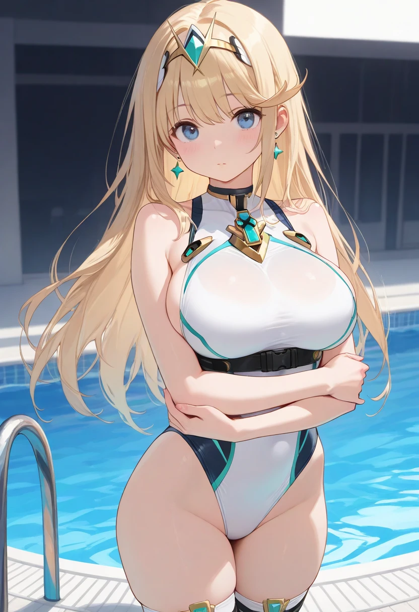 (masterpiece:1.4、top-quality、illustration:1.4,realistic、)、(character focus、breast focus,upper body)、(1girl),(Open mouth happy grin:1.3),(half closed eyes),cute face,blue eyes、(hand on own hip:1.3)、
,(stand:1.4),(Shining smile),
,(slender),(black micro bikini),(blunt bangs,longblonde hair:1.6), (large breasts:1.3)、
、slender、pool,、