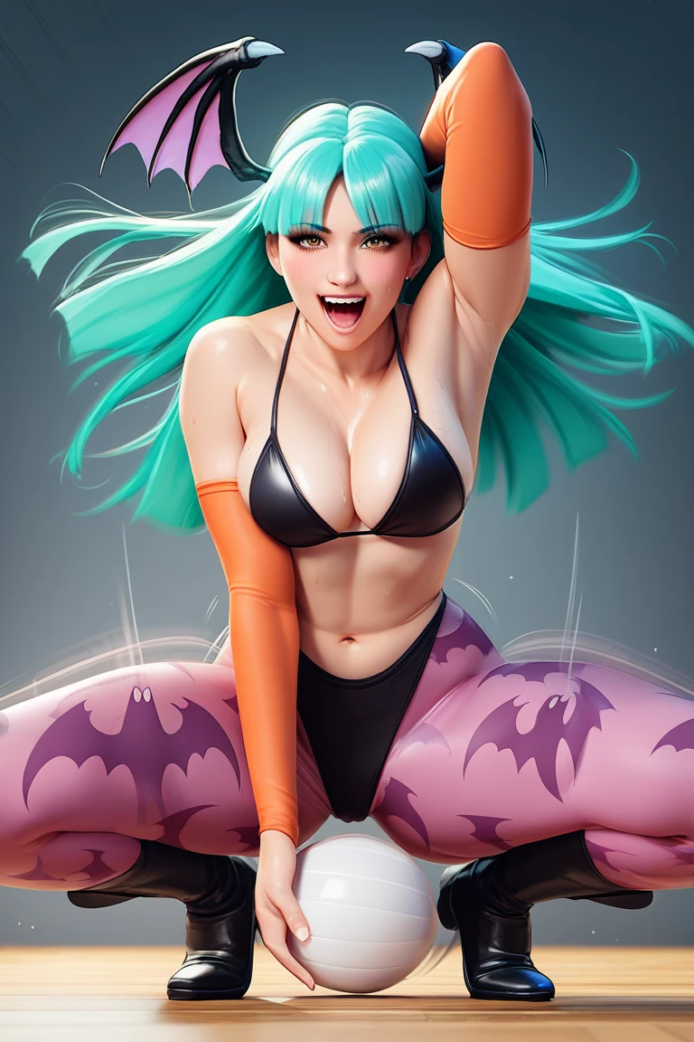 (masterpiece, best quality) Harley Quinn, beautiful woman, pigtails, stylish bikini, on her hands and knees, becoming werehyena, sharp teeth, long panting tongue, furry tail, clawed hands, anguished expression, on the beach, vibrant colors