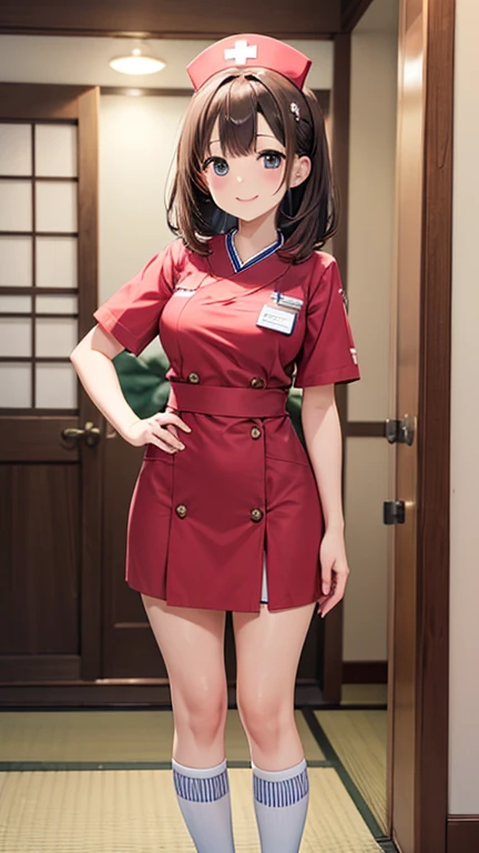 A Japanese girl with a sexy body and short hair wearing a nurse cosplay uniform and a short skirt takes a photo with a syringe.