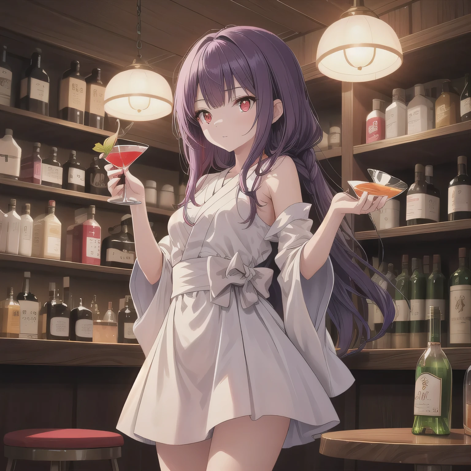 A 2D anime-style illustration. The scene is set inside a dimly lit, cozy Japanese "snack" bar. The lighting is soft and warm, with gentle shadows creating a relaxed, moody atmosphere. Bottles of liquor line the shelves behind the bar, and small round tables are scattered throughout the room. A young woman is standing near a table, wearing a stylish, slightly sexy dress commonly seen in such bars — like a fitted cocktail dress with soft fabrics and subtle glitter. She looks elegant and approachable. The focus is on the warm mood and ambient light. purple Hair, Long Hair, (red Eyes:1.5).