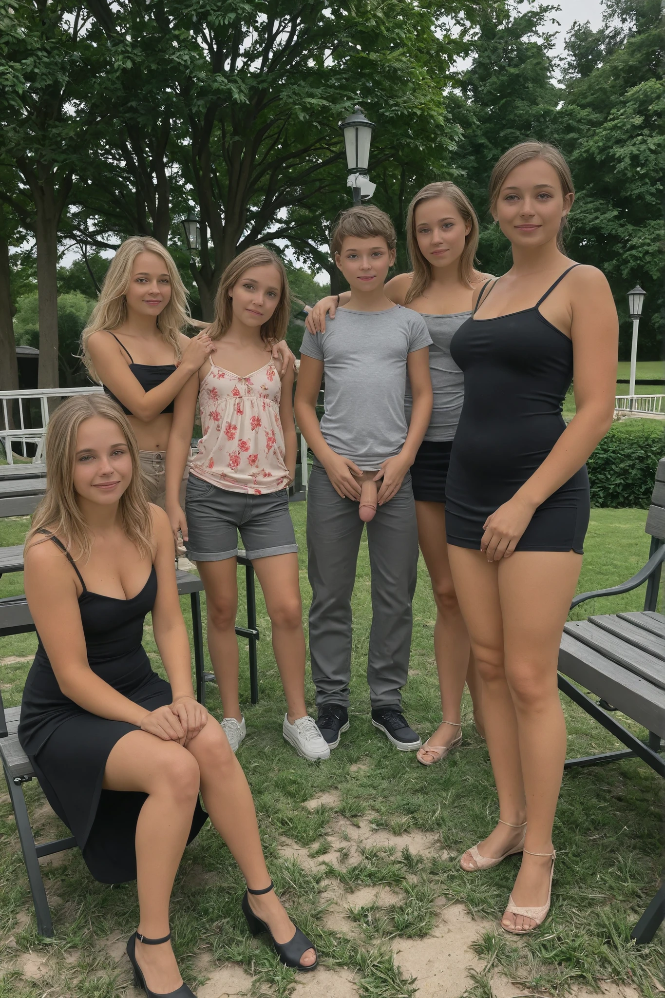 Big group of fourth grade female students with flat chest, petit breasts and tiny ass wearing an extremely low-cut short dresses with deep cleavage. ((Girls are sitting on the chairs in the park taking class photo)). ((The 50-year-old male teacher is standing next to girls)). ((His soft and flaccid big penis is out of pants, exposed hanging near girls face)). His hand is on her shoulder. (((NSFW))) warm colours, 8K quality