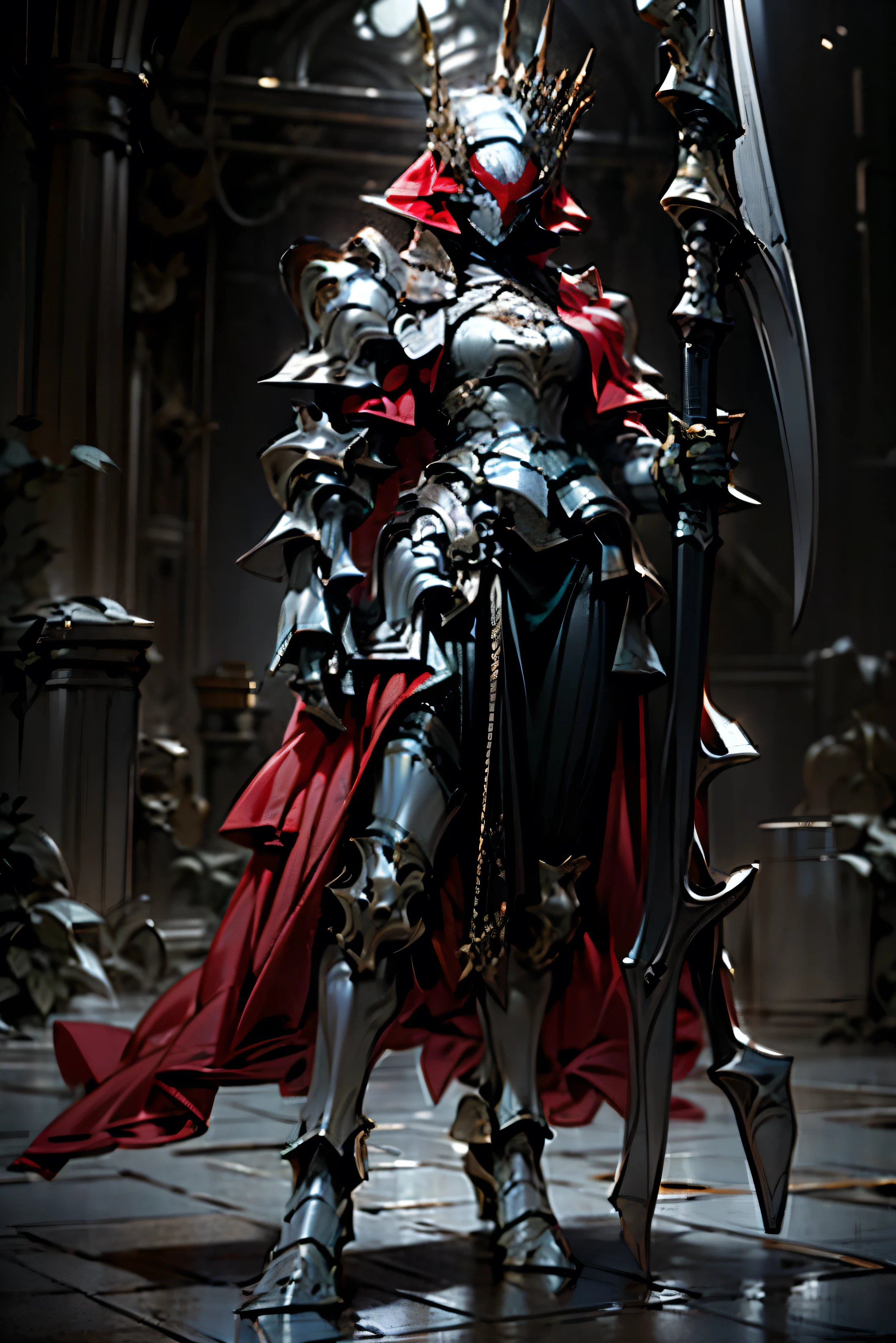 anime character standing in front of dark castle, dark sky, red aura, gothic armor, full armor, demon, the style of wlop, black queen armor with red trim, red cape, black dress, red skirt armor, large breast, demon queen mask, queen armor, spiky shoulder armor, holding scythe, dark background, queen crown, red veil, full body, dynamic pose