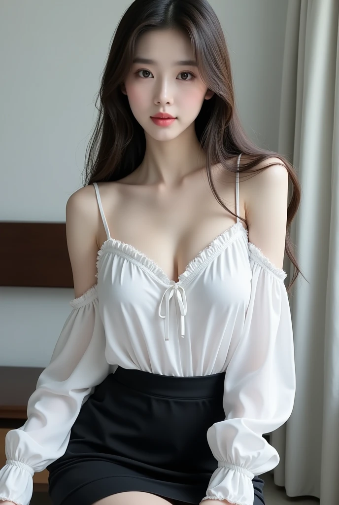 Photo Soft focus Beautiful Japanese girl Similar to Asuka Saito Thick, chubby, glamorous, large, balls, heart, fair skin, long, thin, straight black hair, pearl earrings, pearl necklace, sheer blouse made of soft stretch cotton material, tight-fitting, sheer blouse, sleeveless, shoulder straps, pale lemon A sexy white transparent blouse A transparent lace blouse A pale lemony white flared skirt Outside the window is the seaside Sitting on a chair in front of a computer in the office Working on a computer in high heels A deep cut in the chest Deep cleavage A large bulge From the front right