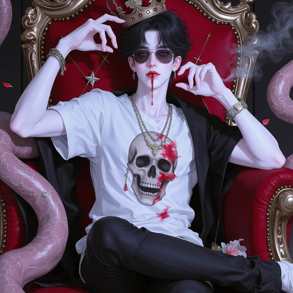 arafed man with a crown sitting in a chair with a candy, cute emo guy, emo boy with cat ears and tail, he is a long boi ”, tyler, photo from a promo shoot, sat in his throne, in a crown, sitting on his throne, scene beautiful, whitebangsblackhair, sitting on throne, wearing a crown and suit