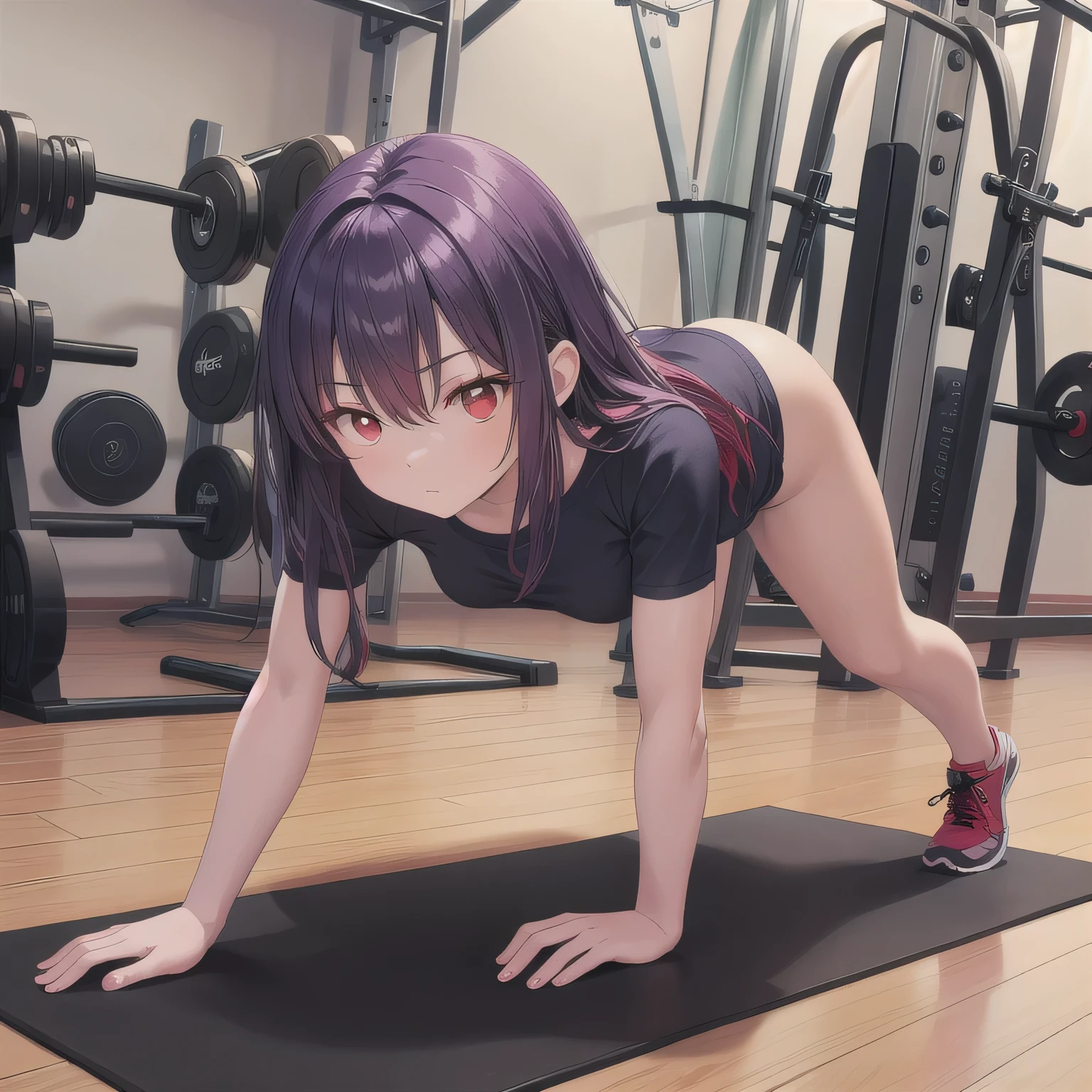 A person doing a plank exercise on a mat in a fitness gym, minimal equipment, bright interior. purple Hair, Long Hair, (red Eyes:1.5).