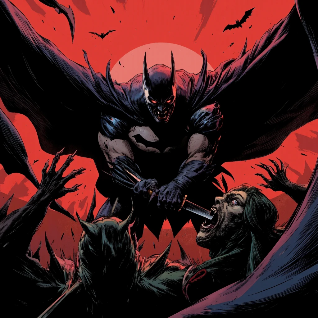 draw the Batman in an action scene with a lot of blood on his hands and mouth, blood on the ground because the scene is of Batman fighting several Cyberpunks at the behest of the villain Penguin, 64k,