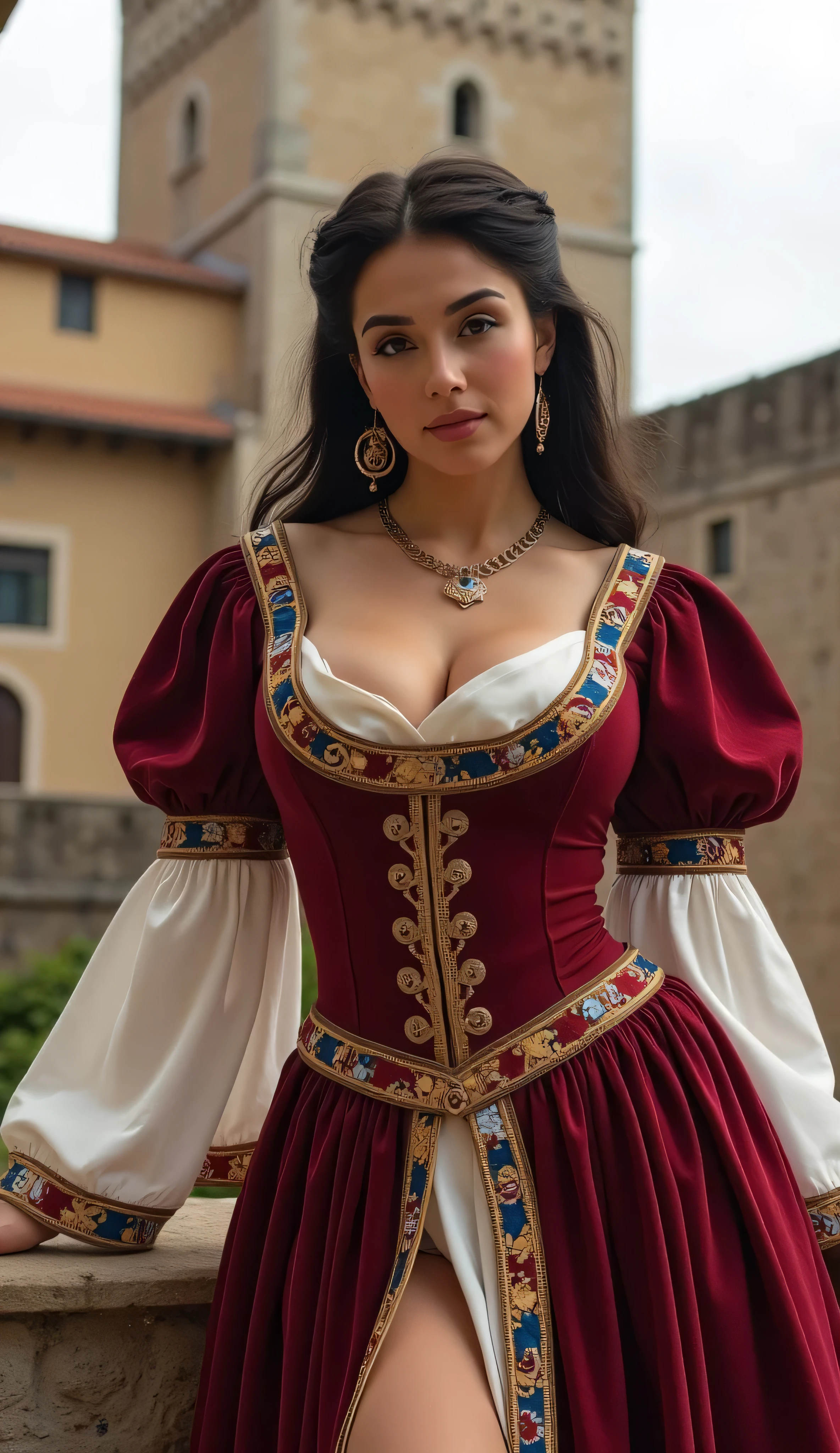 (realistic:1.3), finely detailed, quality, rembrandt lighting, (masterpiece:1.2), (photorealistic:1.2), (best quality), (detailed skin:1.3), (intricate details), dramatic, ray tracing, 1girl, italian girl, 21 years old, detailed skin texture, (blush:0.5), (goosebumps:0.5), subsurface scattering, smiling, medium breasts, updo hair, parted bangs, earrings, necklace, jewelry, red dress, ribbons, frills, wearing edgRenaissance, edgRenaissance, (bright sunny day, outdoors, strolling, renaissance italian architecture, venice), <lora:edgRenaissanceDress1:0.8>