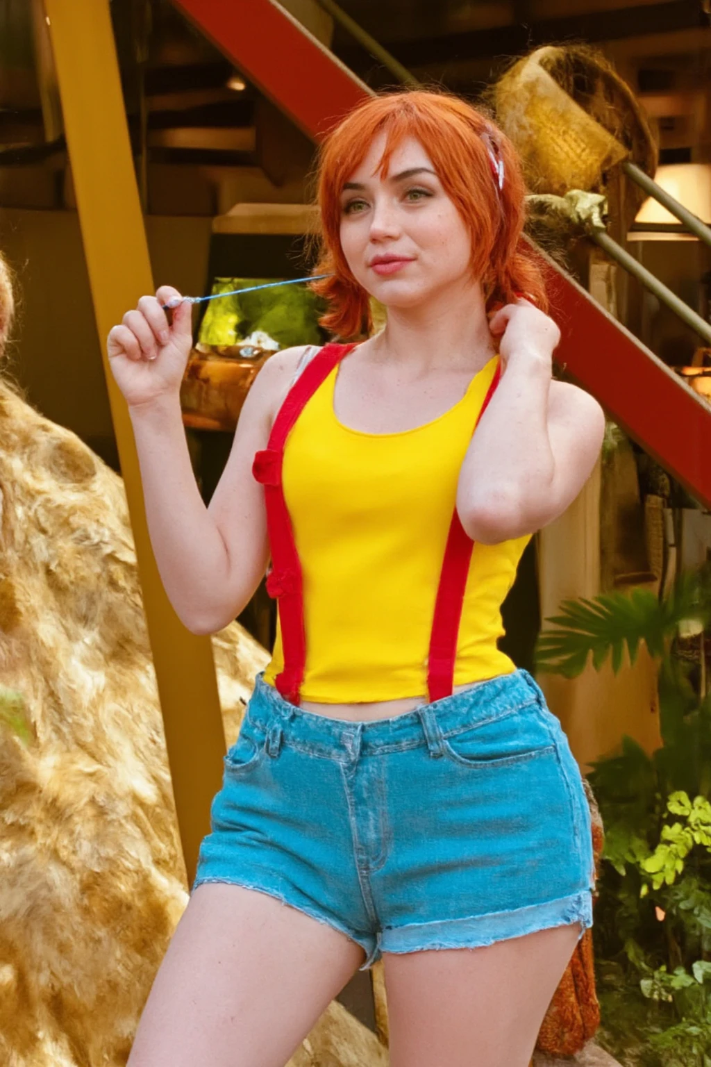 A stunning woman with curly auburn hair, dressed in a playful Mario costume. She wears a red cap with an 'M' logo, a red crop top, blue overalls with one strap down, white gloves, and red boots. She stands with a playful pose, one hand on her hip and a cheeky grin. The background features a whimsical Mario world with floating platforms and power-ups.