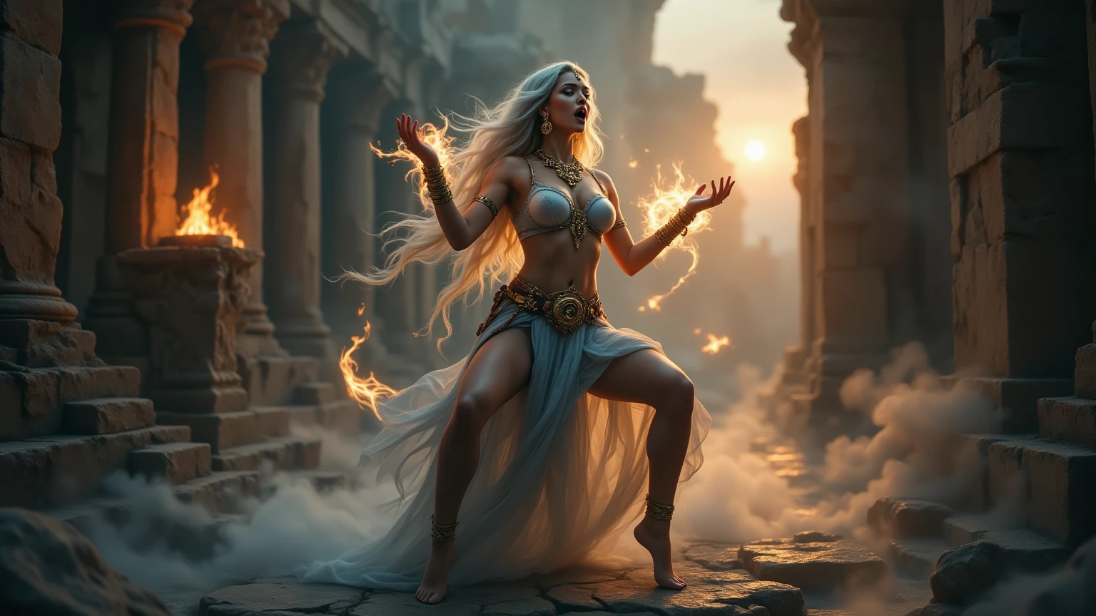Novel in chaotic and destroy landscape, an (brownskin:1.7) androgen with long white hair, very beautiful 18's androgen, chained and wrapped in burning chains, wearing a long black kimono, metallic texture, demonic, wielding immense power, melting chains, scorching heat,rays of light piercing through the cracks,ominous shadows,exquisite detailing,steaming heat waves,smoke rising,,fireworks-like sparks,dramatic composition,dark fantasy,emerald flames,burning tattoos,fiery destruction,apocalyptic scene,crumbling ruins,distant flames,molten lava,unstoppable force,battlefield devastation,constantly growing in size,threatening clouds looming above,crimson danger,indomitable spirit,enchanted chains,,stunningly beautiful,demonic transformation,transcendent power,untamed chaos, 8K, Extremely detailed, (high quality, Realistic, photoRealistic: 1.37), tout le corps, ideal proportions and defined complexion, Meticulously designed features, inaccessible beauty, la perfection, chef artistique'ouvrages d'arts, vivid realism, sculptures hyper detailedes, formes Realistics, vraiment impressionnant, Un savoir-faire impeccable, pure shine, ethereal beauty, Delicate contours, Poses frappantes, sublime beauty, nuances subtiles, compositions dynamiques, couleurs vives, Perfect lighting, Expressions en mouvement, Celestial aura, Majestic presence, Ambiance onirique, rendu d'octane detailed inégalé, tendance sur artstation, Photographie artistique 8k, photoRealistic concept art, Naturel, doux, Volumetric cinematic perfect light, clair-obscur, Award-winning photography, chef-d'ouvrages d'art, huile sur toile, beau, detailed, complexe, incroyablement