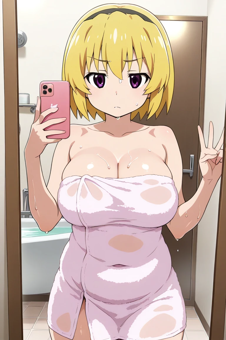(1girl, solo:1.5),houjousatoko, blonde hair, short hair, hairband, Purple eyes, ,nsfw , large breasts, nipple, Walking, , ,ShoppingMall, , frozen, (Sweating profusely, Love juice, Wet Woman, female ejaculation) smile,, Naked, Blind ,Temptation, Blank look, empty eyes, solo, Peeing, lactation, projectile lactation