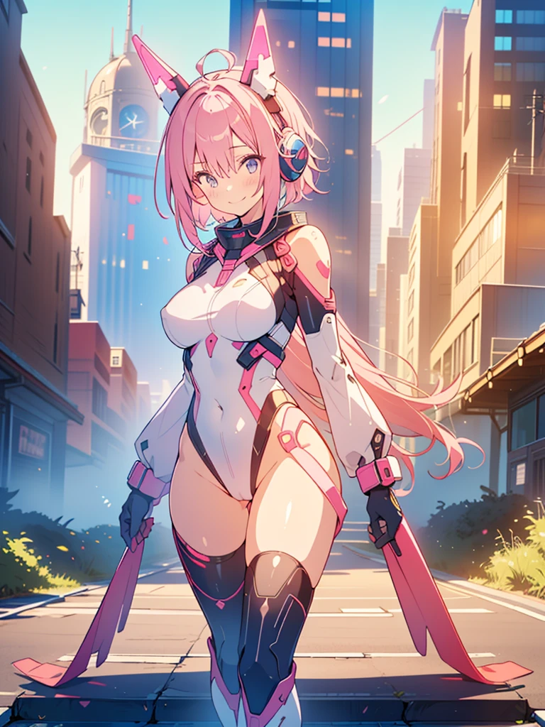 ((Masterpiece, Highest quality)), Detailed face, Beautiful face， full bodyesbian, Full of details, Highly detailed, Depth, Beautiful girl with pink hair，with hair dishevelled，long pink hair，Sick，White pupils，The legs are very thin，The legs are long, blue eyelashes, ​masterpiece, 1girl ((20year old, futuristic mech armor exposes navel, medium breasts,  flirting, looking towards camera, flying in the middle of a sci-fi futuristic urban street, neon lights and towering skyscrapers, futuristic and energetic atmosphere), ((nighttime)) ((low camera angle, ground view)) Tall and tall，Thin, 8k, ultrarealistik, oficial art,