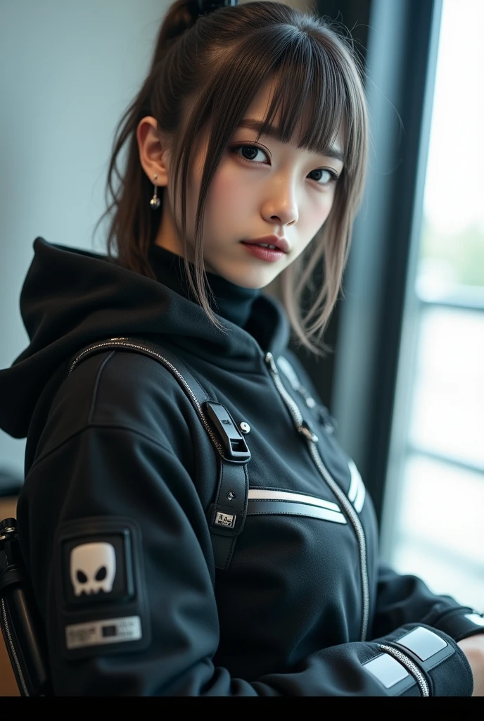 A girl with long black hair wearing a long black jacket with a hood tall Slightly larger breasts With bangs Foot thin