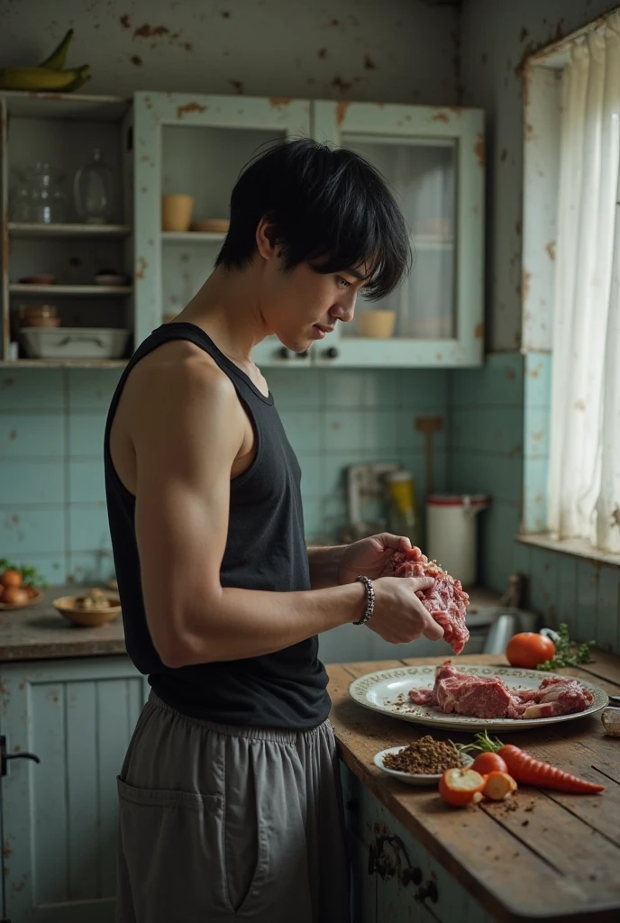 A completely naked Japanese man、Erect genitals、teaching cooking in a cooking class
