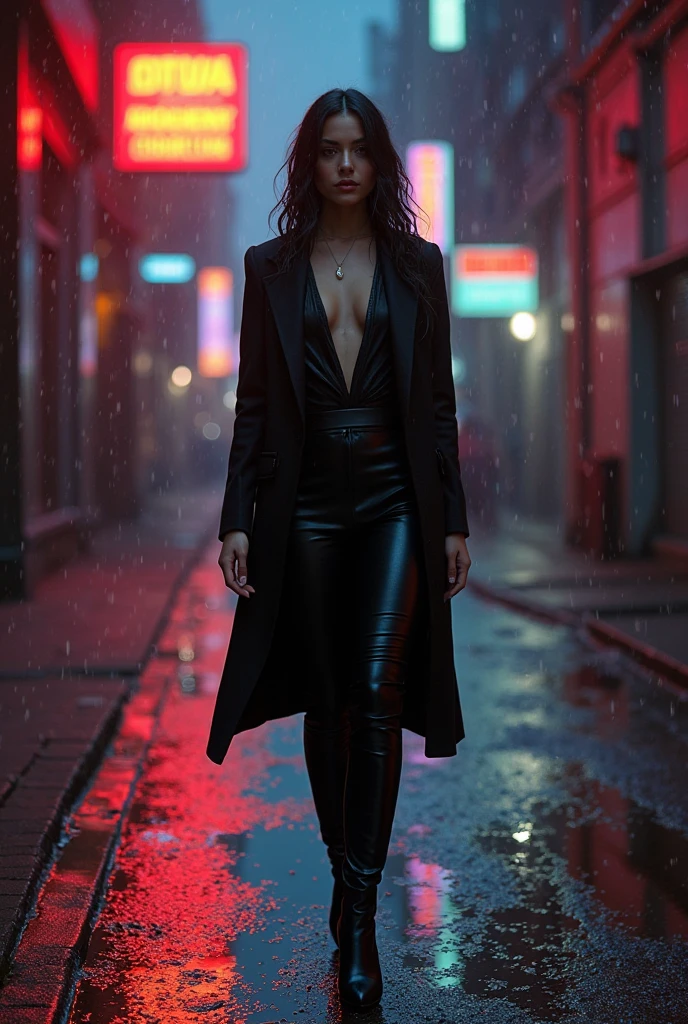 
Cinematic image of a brunette woman in a black leather suit walking under rain on a city street, sleek tailored trousers reflecting wet pavement, glistening droplets cascading off her shoulder-length hair, determined expression accentuated by the dim street lights creating moody shadows, a pistol firmly gripped in her hand, intricate details of the surrounding urban landscape capturing neon signs shimmering in the rain, low-angle shot emphasizing her commanding presence against the blurred backdrop of the city.
