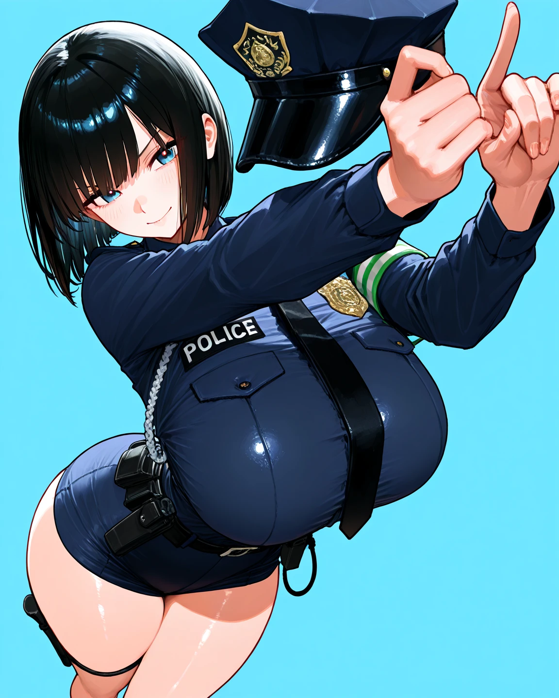 (Perfect body),Best Quality,(8K Portrait),(Official art)、((Police Woman)),(((Wink))),blush,Sweat,((large udder))、(puffies_)、(Dark hair),((bob cuts))、Yellow eyes,(thick thighs)、Adult Woman、Cowboy Shot、(Kneeling)、(A smile)、(Right-handed salute)、Wavy mouth、in poolside、(((toppless)))、Pink 、(Navy blue jacket)、(Navy Blue High Leg Panties)、(Chest sticks out)、Show your teeth、(left hands on hips)