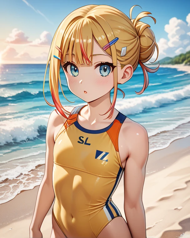 flat chest , thick thighs, beach, tanlines, sweat, sweatdrop, dark skin,gyaru,school swimsuit, pool, school,cute