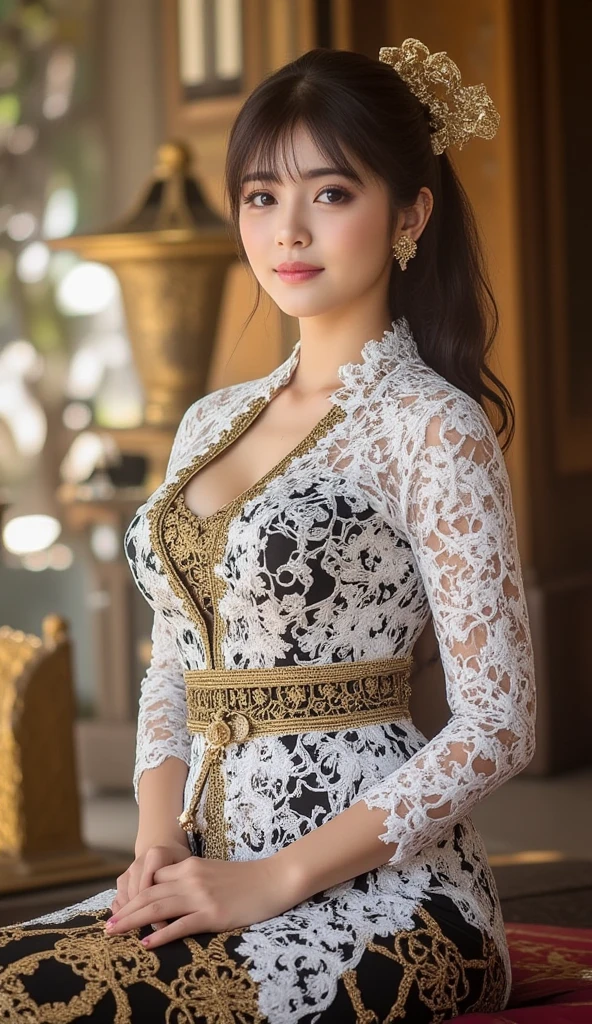 2 women, full body, Indonesian women, 25 years old, long black hair, white skin, medium head, brown eyes, toned body, medium breasts, sensual and voluptuous lips, long-sleeved white Sundanese kebaya, cleavage, long batik patterned cloth , masterpiece, ultra HD, realistic masterpiece, background blur, archipelago, dynamic pose, perfect hand, perfect face, perfect detail, sharp focus, facing towards front camera